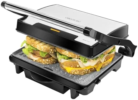 Cecotec Parrilla Eléctrica Rock'Ngrill 1500 Rapid, 1500 W, Revestimiento de Piedra Rockstone, Placa Superior Adaptable en Altura, Bandeja Recogegrasas, Revestimiento Ecológico, 12.4X30.8X33.2 Cm