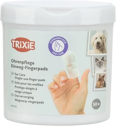 Almohadillas desechables para el cuidado de las orejas TRIXIE: almohadillas limpiadoras para perros, gatos y animales pequeños, con aloe vera y hamamelis, cuidado suave de las orejas, 50 unidades.