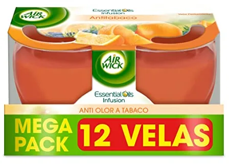 Reckitt Air Wick AntiTabaco Velas aromáticas perfumadas antiolores, ambientador esencia para casa con aroma afrutado - Megapack 12 unidades
