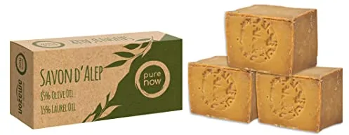 Pure Now Jabón Aleppo 3 x ca 200g, 85% aceite de oliva 15% aceite de laurel, PH neutro, desintoxicación, hecho a mano