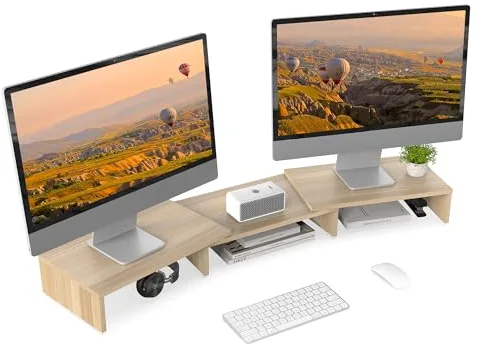 FITUEYES Soporte Monitor Elevador Monitor de Madera con Longitud y Ángulos Ajustables para 2 Monitores 92.5-108 x 23,5 x 10,2cm (Amarillo) DT108006WO