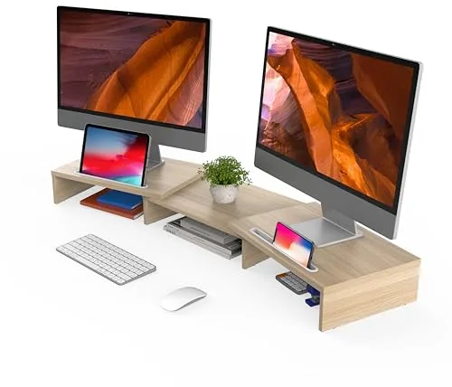 FITUEYES Soporte Monitor Elevador Monitor de Madera con 2 Soporte para Teléfono, Longitud y Ángulos Ajustables para 2 Monitores 79-111,2 x 27 x 10,5cm (Amarillo) DT111106WO