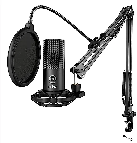 FIFINE Micrófono USB de Condensador para Estudio, Kit de Microfono Ordenador PC con Soporte de Brazo de Tijera Ajustable Soporte de Choque para Instrumentos Grabación Podcasting Youtube Gaming