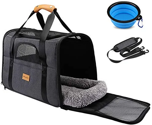 Transportín Perro Gato, Bolsa de Transporte Transpirable para Mascotas, Portador de Viaje con Correa de Hombro Ajustable, Transporte de Gato con Colchón Suave + Tazón Plegable (18 * 12.5 * 14 Inch)
