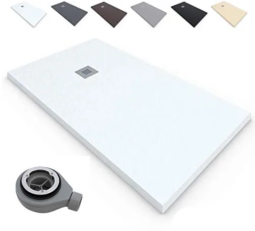 Plato de Ducha Extraplano EstiloBaño®TERRA Resina Antideslizante Textura Pizarra - Todos Tamaños Disponibles - 70x80, Blanco RAL-9003 - Incluye Válvula Desagüe + Rejilla