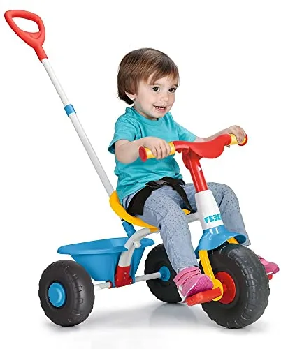 FEBER - Baby Trike, Triciclo para Niños con Estructura Metálica y Cinturón de Seguridad, 2 Posiciones, Silla de Empuje y Triciclo con Pedales, De 1 a 3 Años, Color Azul, Famosa (800012810)
