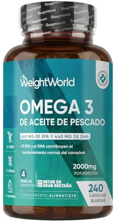 Omega 3 2000mg - 240 Perlas de Aceite de Pescado (660mg EPA + 440mg DHA) - Ácidos Grasos de Omega 3 para 4 Meses, Sin OGM