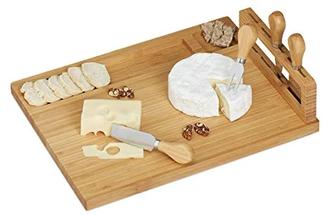 Relaxdays Set Tabla de Quesos con Cubiertos, Bandeja Embutidos y Aperitivos con Tenedor y Cuchillos, Bambú-Acero, Marrón