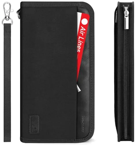Looxmeer Portadocumentos para Viaje, Cartera de Pasaporte Familiar con RFID, Funda Pasaporte Grande para Hombre y Mujer, Organizador de Documentos Billetes Avión Tarjetas, Negro