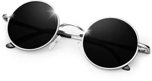 KANSATAL Gafas de Sol Negras Plateadas Redondas Polarizadas Hombre y Mujer Retro Vintage Pequeñas Black Round Sunglasses Metal Circulo - Lentes Negras En Montura Plata