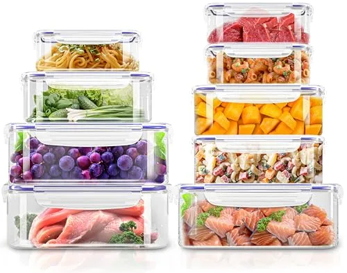 KICHLY 18 piezas envases herméticos de plástico para almacenamiento de alimentos (9 envases, 9 tapas) Contenedores de alimentos para cocina, despensa, alacena - microondas y congelador - Sin BPA