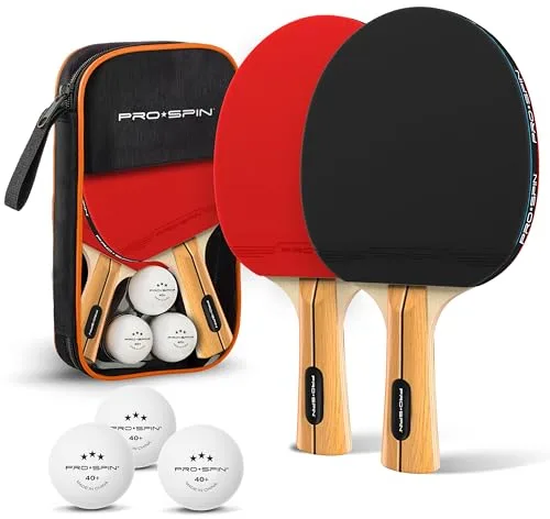 PRO-SPIN Palas de Ping Pong - Set con Raquetas de Tennis de Mesa Premium, Pelotas Ping Pong 3 Estrellas y Estuche Compacto | Set Profesional de Raquetas y Pelotas (Set de 2 Jugadores, Rojo)