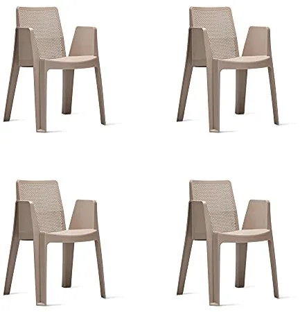 resol grupo RESOL Play Set 4 Sillas de Jardín Apilables con Reposabrazos y Respaldo Ventilado | Terraza, Patio, Balcón, Comedor Exterior | Ligera y Resistente | Diseño Moderno - Color Marrón Arena