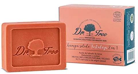 Dr. Tree Champú Sólido 2 en 1, Champú + Acondicionador Fortaleza, Limpia, Hidrata y Energiza, Sin Sulfatos SLE, SLS, Sin parabenos, Sin siliconas, Cabello Fino y Débil o Caída, ECOCERT, 75gr