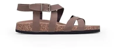 BOSANOVA Sandalias de Mujer Planas con Dos Tiras Delanteras Cruzadas y Suela Bio de Corcho. Cierre de Tiras al Tobillo con Hebilla metálica. Calzado para Mujer Marron 40