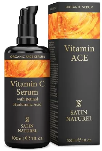 Satin Naturel Sérum Vitamina C y Retinol 100ml, Serum Antimanchas con Vitamina C, Facial Vitamina E y Retinol Puro para la Cara y Contorno de Ojos Antiarrugas Mujer - Skincare
