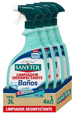 Sanytol – Limpiador Desinfectante Antical Baños, Elimina Bacterias, Hongos y Virus Sin Lejía, Perfume Eucaliptus - Pack de 4 x 750 ML = 3L