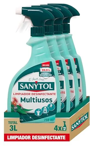 Sanytol - Limpiador Desinfectante Multiusos, Elimina Bacterias, Hongos y Virus Sin Lejía, Perfume Eucaliptus - Pack de 4 x 750 Ml = 3L