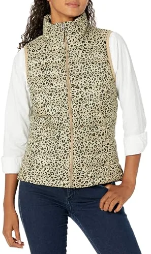 Amazon Essentials Chaleco Acolchado, Ligero y Resistente al Agua para Mujer, Estampado de Leopardo Camello Claro, Talla M