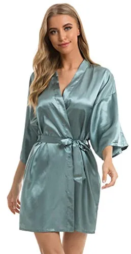 Vlazom Bata Mujer Verano Corto y Sexy, Kimono Mujer Vestir de Satén de Manga 3/4, Batas Novia Boda de Seda con Cinturón,M,Verde Oscuro