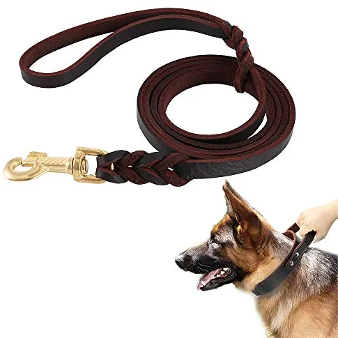 Keyohome Correa para Perros de 3 Metros de Longitud de Piel auténtica a Mano marrón Trenzada para Perros Grandes o Medios, Ajustable de Entrenamiento (3 m)