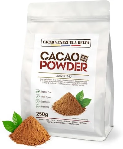 Cacao V Delta Cacao NO alcalinizado Polvo Puro Natural 250g 10/12% grasa, Sin Azúcar, Sin Gluten, Sin Alérgenos, Vegano, No GMO, Antioxidante y Flavonoides. Repostería, Chocolate Caliente, Smoothies