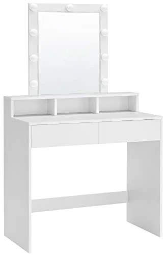 VASAGLE Kailyn Colección - Tocador, Luces LED, Iluminación Regulable en 3 Colores, Mesa de Maquillaje con Espejo, 2 Cajones y 3 Compartimentos, Moderno, Blanco RDT114W01