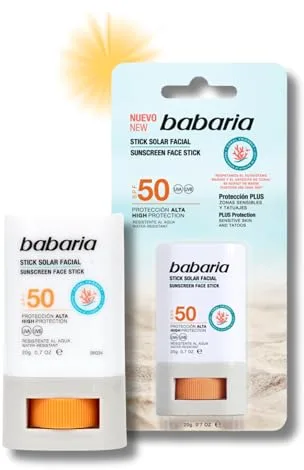 Babaria - Stick Solar Facial 50 |Protección Alta Con Aloe Y Manteca De Karité |Coral Friendly Y Biodegradable | Resistente Al Agua Y Al Sudor | Vegano | Stick Solar Niños,20g, El embalaje puede variar