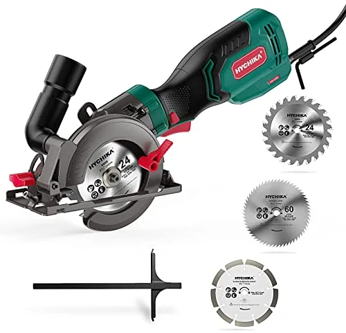 HYCHIKA Mini Sierra Circular 750W con Motor de Cobre Puro, 3 Cuchillas, 3500 RPM, Corte: 48mm/90º, 32mm/45º, Extrarator de Polvo, Sierra para Azulejo, Madera, Metal Blando