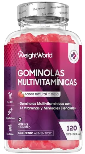 Gominolas Multivitaminas y Minerales 120 Gomitas Sabor Fresa - Con 13 Vitaminas y Minerales Esenciales como Vitamina D3, A, C, B6, B12, E, Biotina, Zinc y Ácido Fólico y Más para 2 Meses