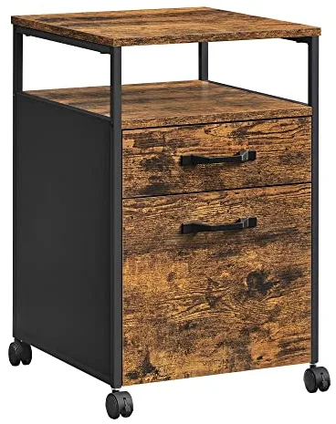 VASAGLE Archivador Móvil con 2 Cajones, Archivador de Oficina con Ruedas, Compartimento Abierto, Marco de Acero, Estilo Industrial, Marrón Rústico y Negro Tinta OFC71X