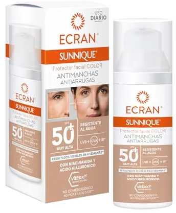 ECRAN SUNNIQUE – Protector Facial SPF 50+ Antimanchas Antiarrugas con Color, con Niacinamida y Ácido Hialuronico, Despigmenta y Unifica el Tono, Fórmula con VitEox80 - 50 ml