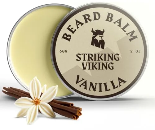 Striking Viking Bálsamo para barba para hombre, 2 onzas, aroma a vainilla, hidratante de fijación ligera y acondicionador de barba para hombres que suaviza y nutre el vello facial grueso con manteca