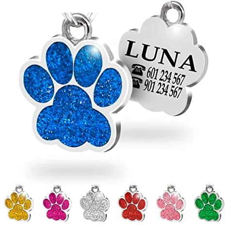 Ibera Gifts - Chapa Perro Grabada en Forma de Pata con Purpurina, Placa Perro Personalizada para Perros y Gatos Pequeños y Medianos, Tamaño 24 mm x 27 mm, Chapa Identificativa Perro y Gato (Azul)