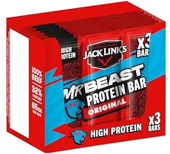 Jack Link’s Barrita Proteica Beef Original - Pack de 30 (30 x 22,5 g) - Barrita de proteínas low carb - Barrita energética de carne - Snack para llevar, gimnasio y fitness - Snack alto en proteínas