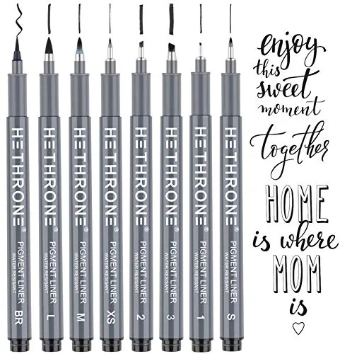 Hethrone Rotuladores de Caligrafía, Rotuladores Para Hand Lettering y Set de Caligrafía Color Negro para Principiantes, Firmas, Ilustraciones, Diseño y Dibujo (8 Tamaños)
