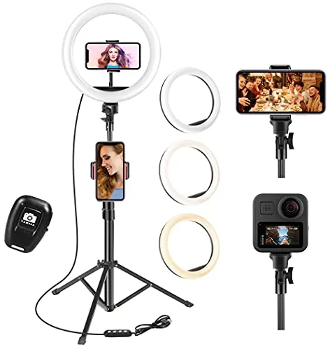 UPhitnis Aro de Luz con Tripode, 10" Ring Light con Control Remoto 3 Modos 10 Brillos Regulables Anillo de Luz para TikTok, Maquillaje, Selfie, Streaming, Youtube, Twich Live