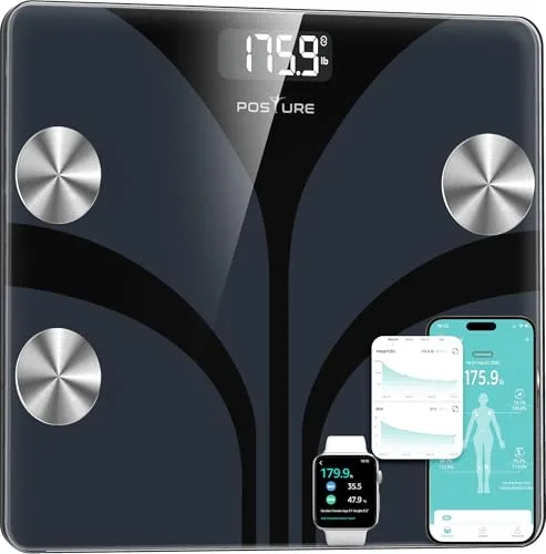 Báscula de Baño Digital Inteligente con Sincronización en App - 13 Indicadores de Composición Corporal Grasa Músculo IMC Agua Alta Precisión hasta 180 kg, Báscula de Fitness para Hombre y Mujer