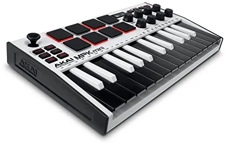 Akai Professional MPK Mini MK3 - Teclado Controlador MIDI USB de 25 Teclas con 8 Drum Pads, 8 Perillas, Software de Producción Musical y Native Instruments Sound Package (NKS Integration), Blanco