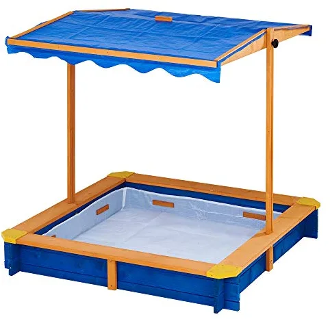 Teamson Kids Arenero Grande de Madera para Exteriores con Tapa, Toldo Giratorio y Altura Ajustable, Juguete de Arena de Jardín con Cubierta para Niños y Niñas