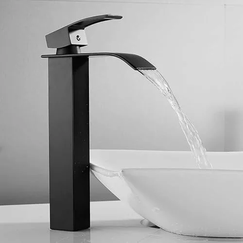 CECIPA Grifo Lavabo Negro Cascada con Altura de Salida de Agua 185 mm Grifo Alto Monomando en Acero Inox Mezclador Baño Ajustable Agua Caliente y Fría