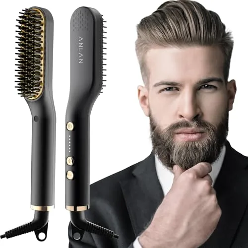 ANLAN Cepillo Alisador de Barba con 5 Niveles de Temperatura, Plancha de Pelo Flequillo Eléctrico Profesional Peine de Peluquería Multifuncional para Hombre Mujer