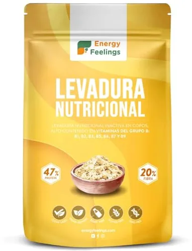 Energy Feelings Levadura Nutricional 250g, Levadura Nutritiva en Copos Rica en Vitamina B y Proteínas 46%, Nutritional Yeast Sin Gluten, Sin Azucar, Ideal para Queso Vegano