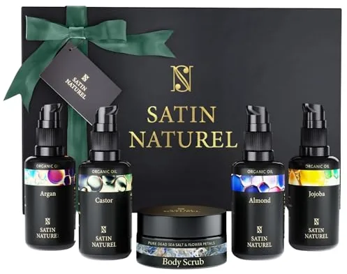 Satin Naturel Set de Regalo de Lujo para Mujer 5x30 ml – Aceites de Argán, Ricino, Almendra, Jojoba y Exfoliante Corporal con Sal del Mar Muerto – Cosmética Natural – Edición Premium