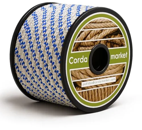 CORDAMARKET Cuerda Driza Poliéster Alta Tenacidad, Cuerda Náutica de Alta Resistencia para Náutica Camping y Decoración, Blanca/Azul, 8 mm × 50 m