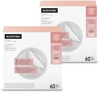 Suavinex, Discos Absorbentes de Lactancia 120 unidades, (2 Cajas x 60 uds), Discos Desechables, Súper Transpirables y Absorbentes, Extrafinos, Imperceptibles, En bolsitas individuales