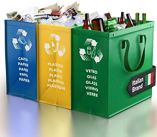 PTMS® Cubos de basura de reciclaje - 3 Cubo basura reciclaje para vidrio, papel y plástico - Bolsas reciclaje en colores estándar - Papelera cocina fácil de vaciar