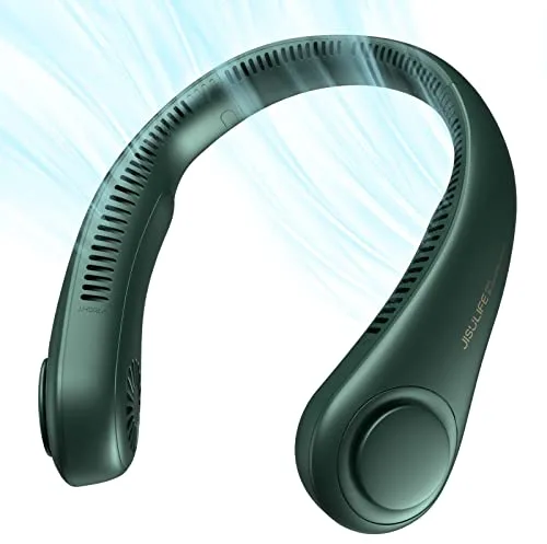 JISULIFE Ventilador de Cuello Portátil, 4000 mAh Ventilador Cuello USB Recargable con, Ventilador de Cuello Colgante Sin Hojas con -Verde Oscuro