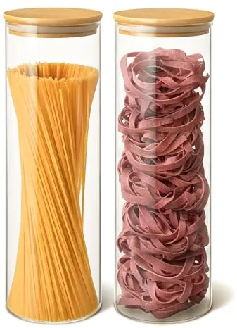Praknu 2 Botes para Espaguetis de Cristal con Tapa - Grandes 2 l - 30 cm de Alto - Hermeticos - Tarros de Almacenamiento con Tapa - Aptos para Lavavajillas