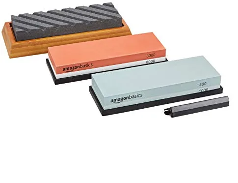 Amazon Basics Kit de piedra de afilar cuchillos de doble cara, grano 400/1000 y 3000/8000, piedra aplanadora y base de bambú antideslizante, 3 Unidad, multicolor, 22,5 x 15,2 x 7,3 cm